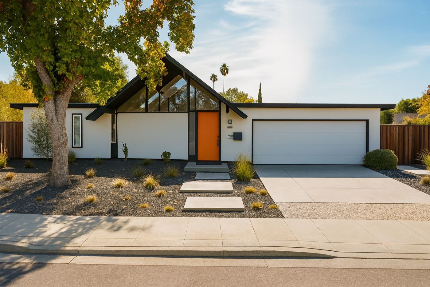 A restored white Eichler with a peaked glass gable and orange front door in Fairorchard, Sunnyvale